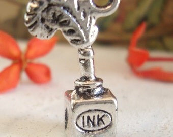Feather Quill Ink bottle charm ,Old world Steampunk style,Quill & Ink Set charm