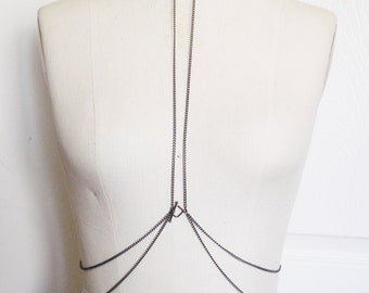 Chain Body Harness, Leather Collar, Leather Harness, Necklace with Attached Chain, Belly Dance Costume, Sexy Burlesque, Body Chain Harness