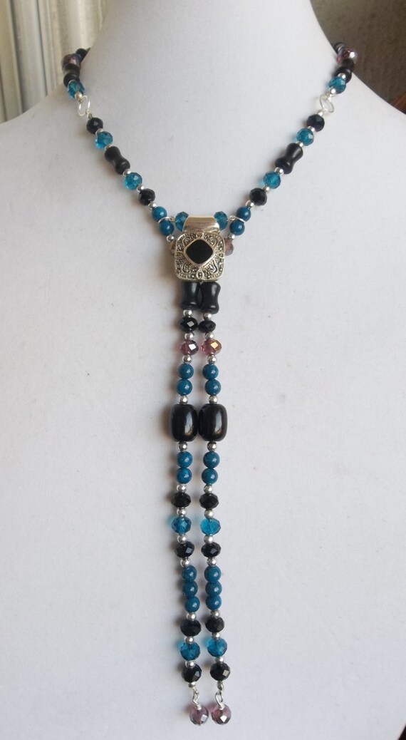 Deep Teal and Black Necklace with Sterling Silver Black Onyx Marcasite Focal Pendant