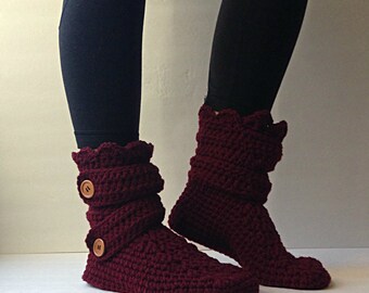 Women's Crochet Burgundy Slipper Boots, Crochet Slippers, Crochet ...