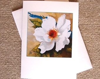 White Rose and Blue Ribbon Blank Card from my original botanical painting