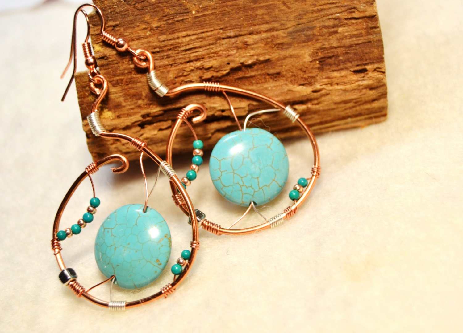 Copper and turquoise earrings wire wrapped turquoise mixed