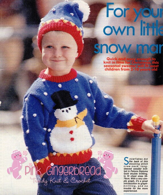 Childs Vintage Snowman Jumper Knitting Pattern in PDF format