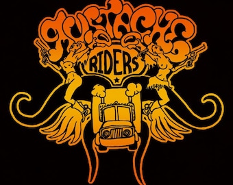 Mustache Riders - Black with sunset color blend silkscreen t-shirt for men - ON SALE