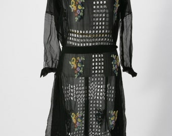 Very Rare 1920's Flapper Dress Black Chiffon Cutout Details with Floral Beaded Bouquets, Flapper Dress, 1920s Dress, 1920s, Art Deco Dress