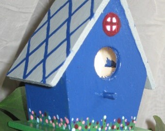Miniature Cobalt Birdhouse Plant Stake