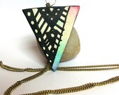 Geometric Triangle Necklace- Rainbow Pendant, Tribal Print Jewelry, Hippie Jewelry, Multicolor Festival Attire, Watercolor Accessory