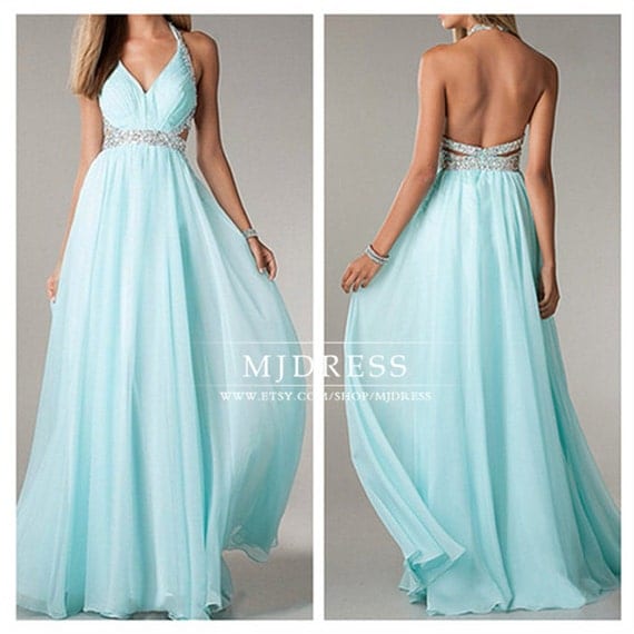 Tiffany blue prom dress Sexy halter prom dresses party by MJDRESS