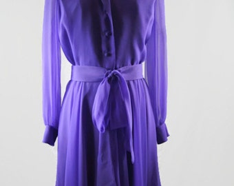 1970's Miss Elliette Purple Long Sleeves Chiffon Women's Dress