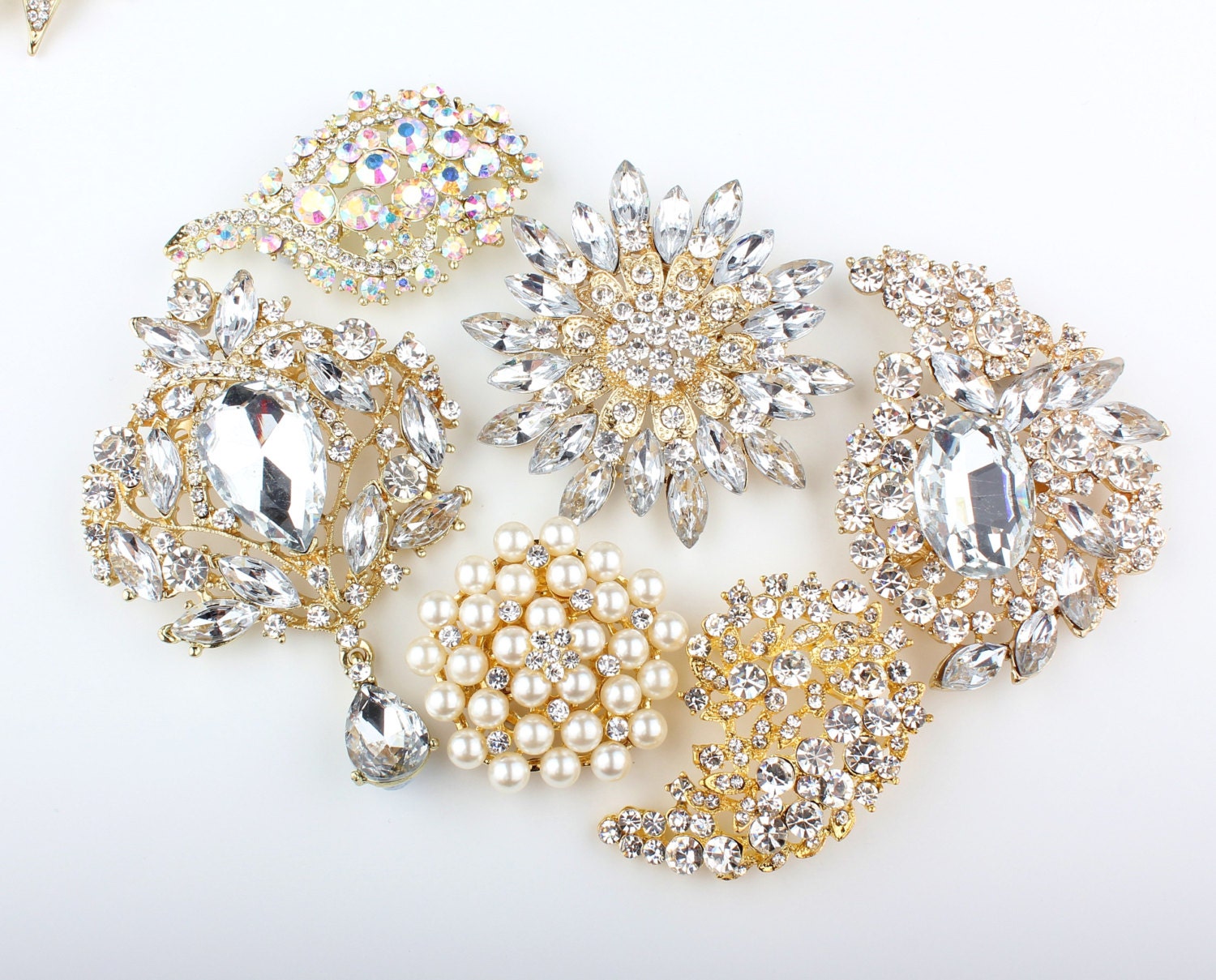 Set of 6 Bling Pearl Rhinestone Gold Brooch, DIY Wedding Brooch Bouquet Bridal Bridesmaid gift Embellisment