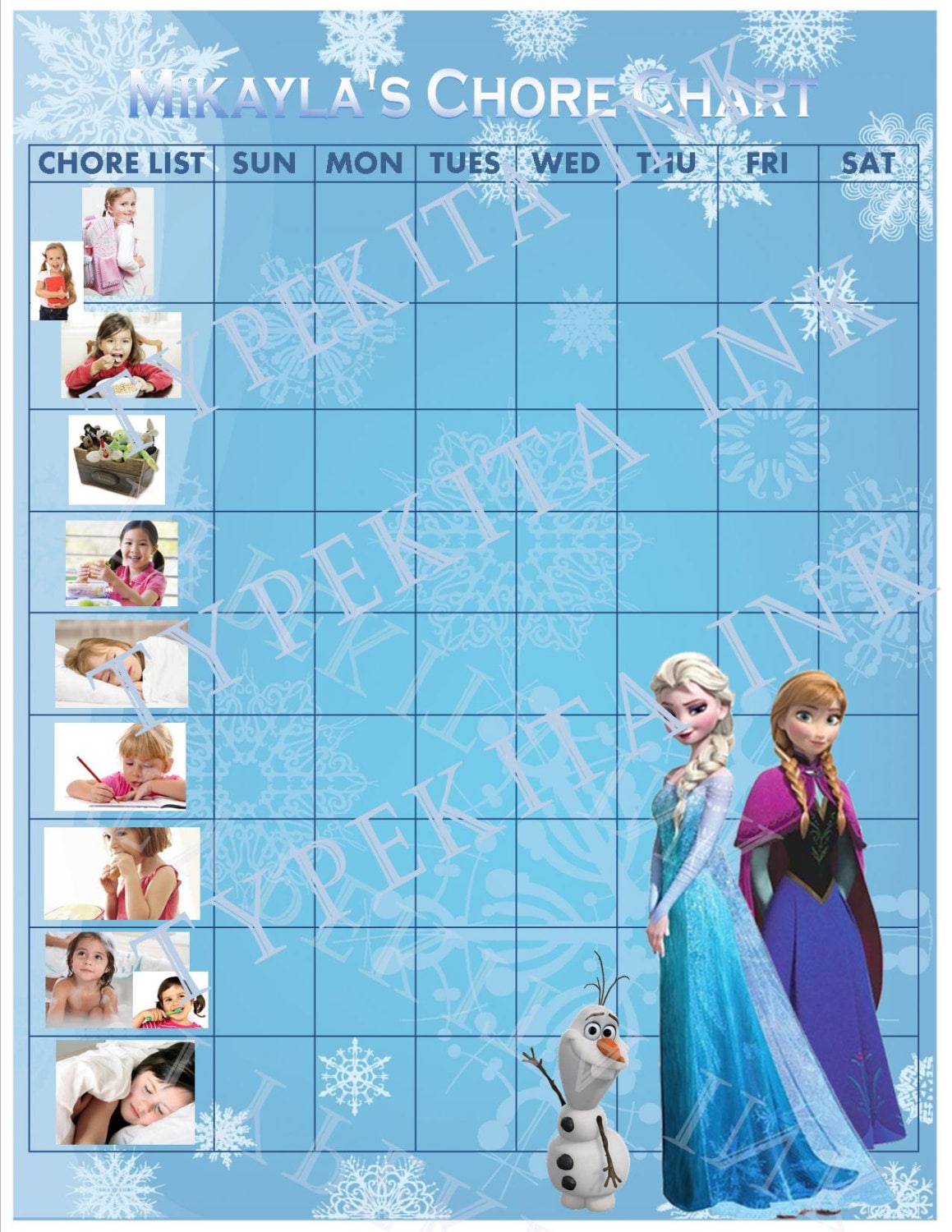 Personalized Printable Frozen Toddler Chore Chart for Girls