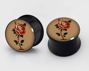 Girl Flower Tattoo Screw Ear Plugs, Steel Resin,AliceFlesh Tunnels,Choose Size Image