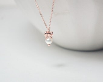 Tie The Knot necklace, rose gold pearl bow.bridesmaid necklace, bridal necklace, sweet 16 birthday,gift under 25,Christmas gift,delicate .