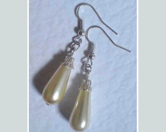 Pearl Teardrop Earrings , Victorian Silver Earrings , Glass Pearl Earrings , Cream Pearl Earrings , Teardrop Earrings , Handmade Jewelry ,