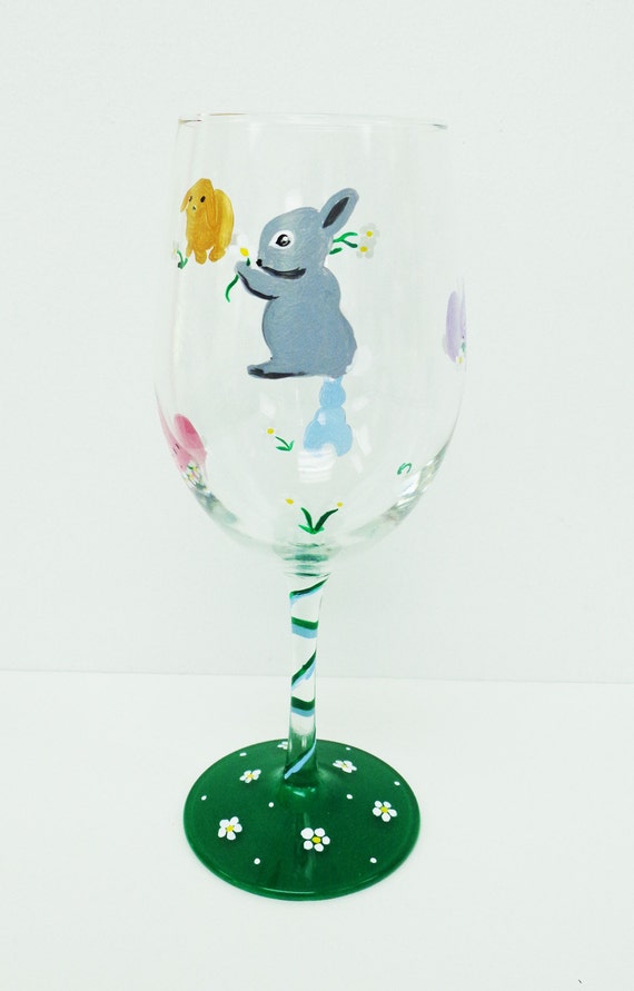 Items similar to Bunny Wine Glass rabbit wine glass hand painted