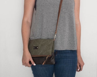 Army Canvas and Leather Foldover Crossbody Bag / Foldover Clutch / Leather Foldover Bag / Leather Foldover Clutch / Crossbody Bag