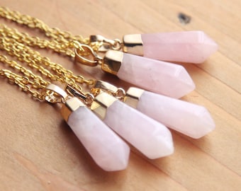 Polished Gold / Silver Dipped Rose Quartz Crystal Point Necklace - Pink Pastel Raw Smooth Plated Chain, Natural Healing Cloudy Layering