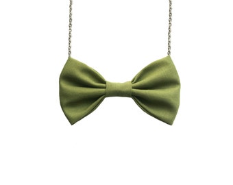 Olive Green Bow Tie Necklace, Casual Women Bowtie, Pastel Olive Green