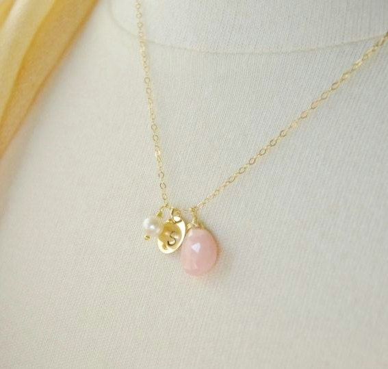 Customized Mother's Necklace - 14K Gold Filled Necklace with Pink Opal, Personalized Birthstone Necklace, Mommy Necklace, Engraved Necklace