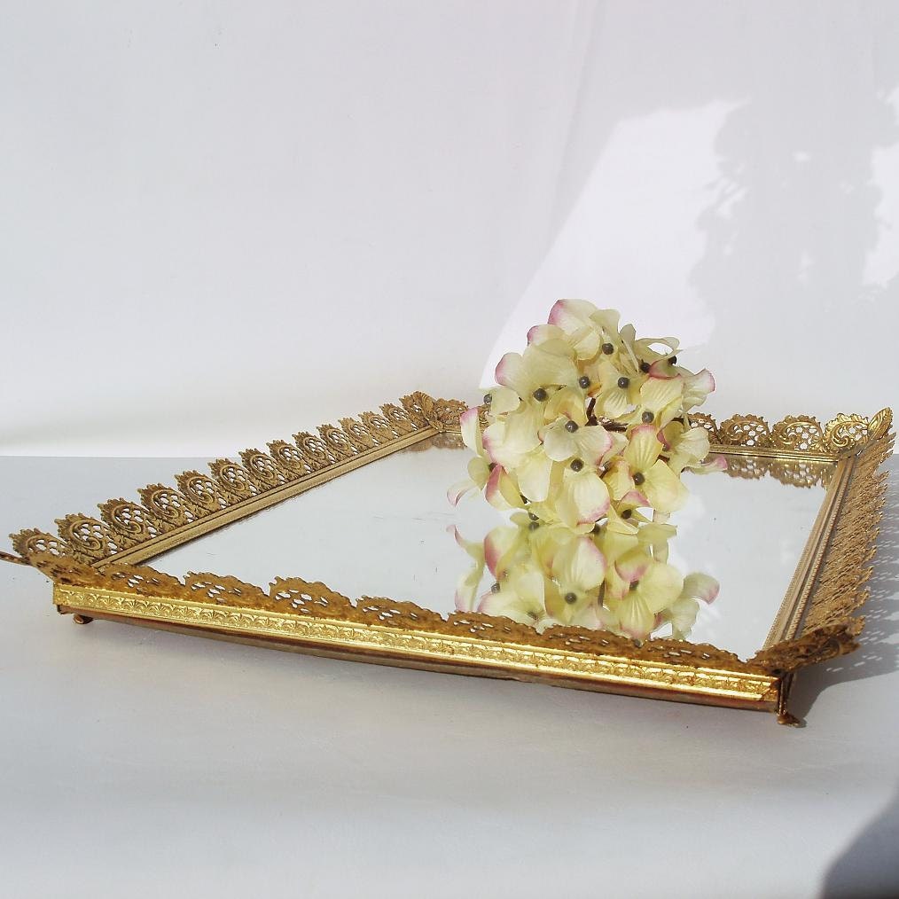 Vintage Mirror Perfume Tray Large Gold Framed Mirrored Vanity