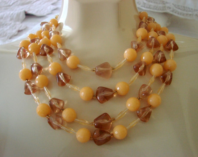 1960s Bead Bib Necklace / Hong Kong / Colorful Fall Colors - Coral & Citrine / Vintage Jewelry / Jewellery