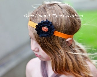 Little Bling Pumpkin Headband - Photo Prop - Halloween Costume Accessory - Orange and Black - Newborn Baby Hairbow - Little Girls Hair Bow