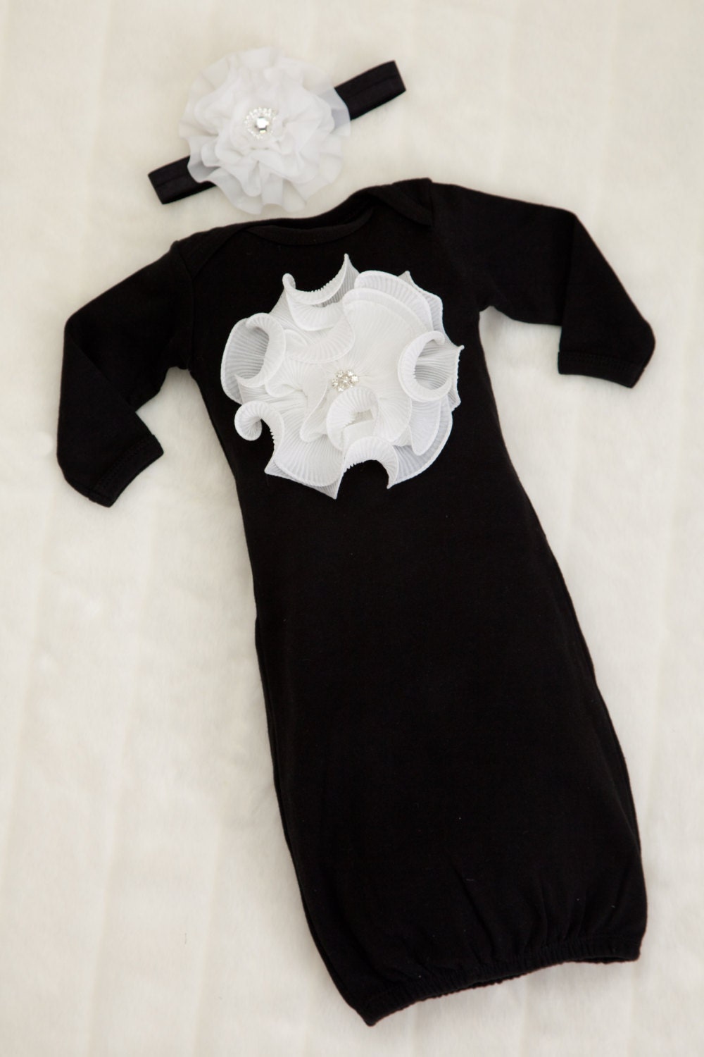 Black Infant Layette Baby Gown with Large Off White Chiffon