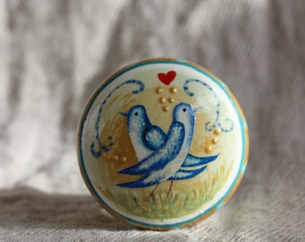 hand painted furniture knobs, dresser knob, drawer handles, bird design, gold blue knob, rustic cottage chic, love bird knob with red heart