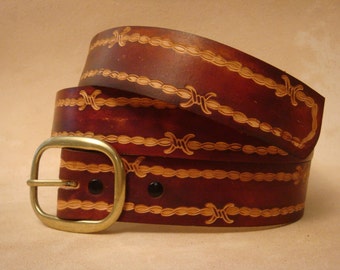 Hand Tooled Leather Belt - Custom Leather Belt - Personalized Leather Belt - Brown 1-1/2" Barbed Wire Pattern