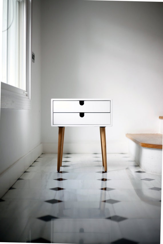 Nightstand / Bedside Table White, Style Mid-Century Modern Retro Scandinavian 1 or 2 drawers
