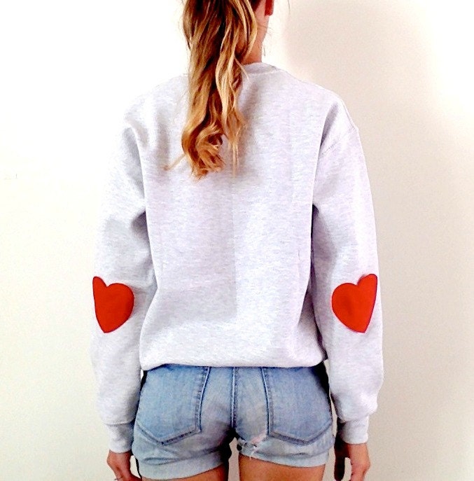 Grey Sweater Red Hearts Elbow. Hipster Sweater by HappySweaters
