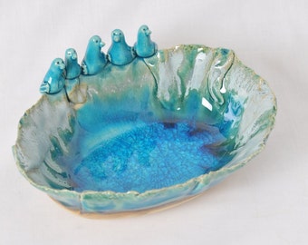 Handmade Ceramic Bowl, Kitchen serving dish, pottery turquoise, Fruit bowl, serving bowl, love birds, housewarming gift engagement gift