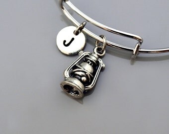 Antique lantern bangle, lantern charm bracelet, ship lantern charm, Oil lamp, Old fashioned lantern, Expandable bangle, Initial bracelet
