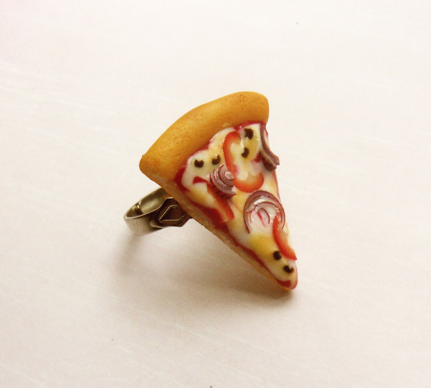 polymer clay cheesy veggie pizza ring onions red pepper