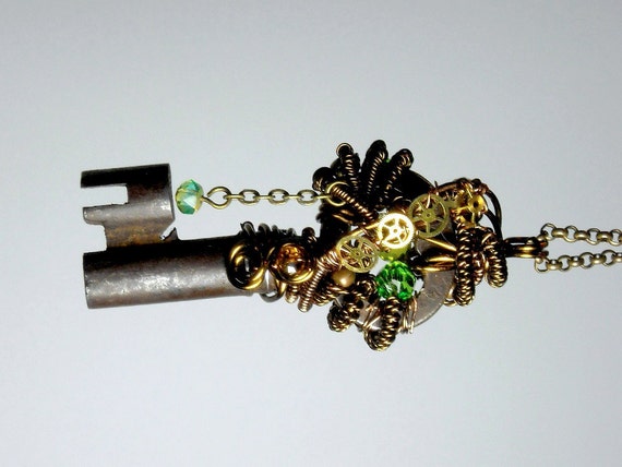 Steampunk Gadget Vintage Skeleton Key Wire Wrapped Pendant Necklace by Bluestarfire steampunk buy now online