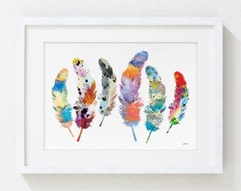 Watercolor Print - 5x7 Archival Print - Feather Art, Colorful 6 Feather Painting - Feather Art Print - Wall Decor Art Home Decor Housewares