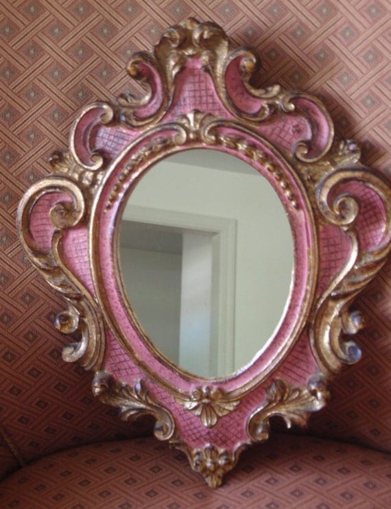 Beautiful Vintage Pink Wall Mirror with Wood Frame & Gold Leaf