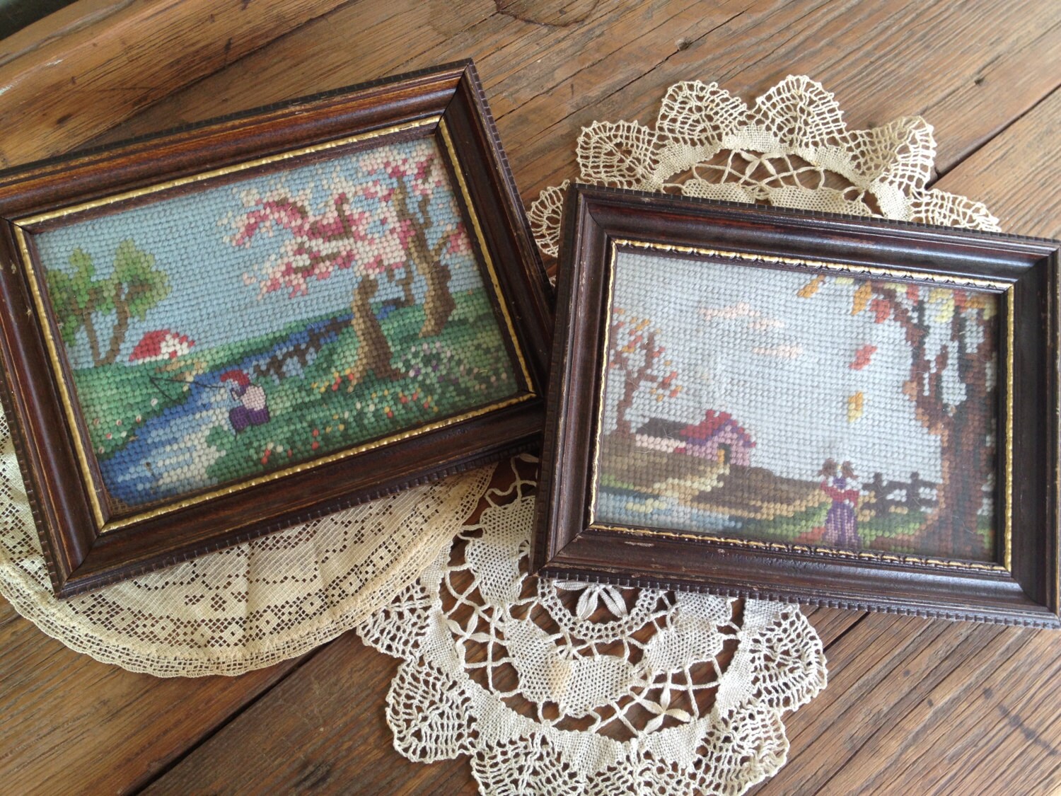 Needlepoint Pair Small Framed Vintage Needlework of