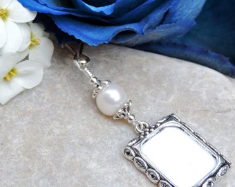 Wedding bouquet memory charm. Pearl wedding charm. Bridal bouquet charm with freshwater pearl. Picture frame charm. Photo charm.