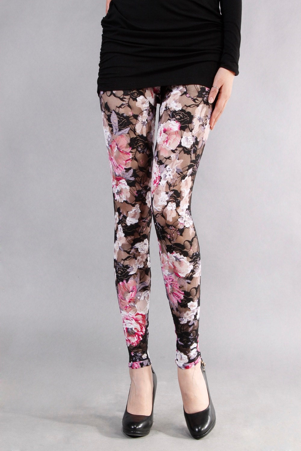 Leggings Pastel Pink Rose Floral Print Lace By Cardamomclothing