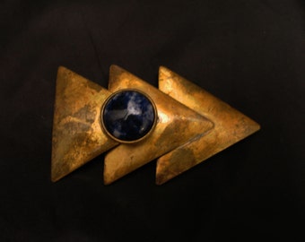 Handcrafted Oxidized Brass Triple Triangle Brooch with Sodalite Cabochon