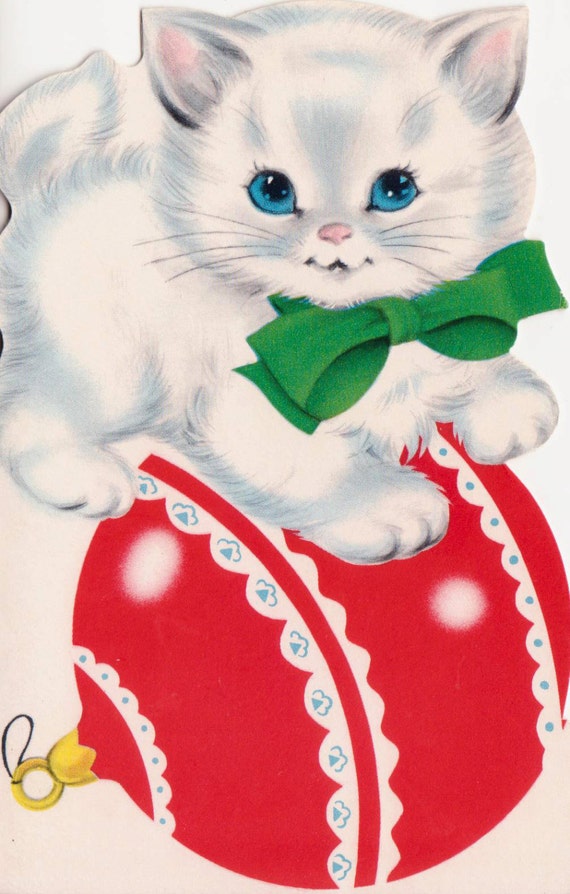 Vintage 1960s UNUSED Kitten Christmas Decoration Greetings