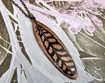 Long Necklace REVERSIBLE with Oblong Feather / Branch Print on Antique Raw Brass