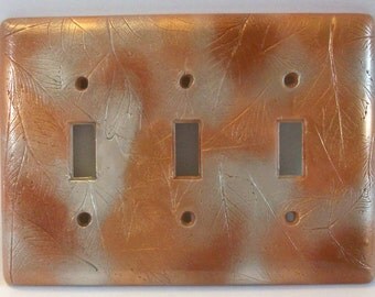 ON SALE was 26.85: Copper Bronze Silver leaves triple toggle light switch cover