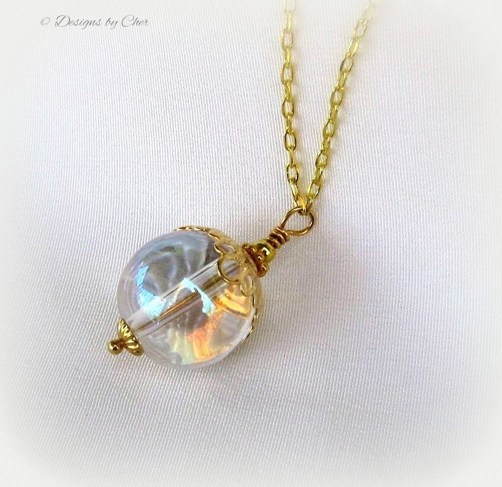 Gold Filigree Crystal Ball Pendant Long Gold Necklace Rainbow