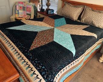 Modern Cowgirl / Cowboy Country Western Style Big Star CUSTOM Queen Size Quilt with Black. Aqua,Tan, Cowboy Boots Fabric Reversible LAST ONE