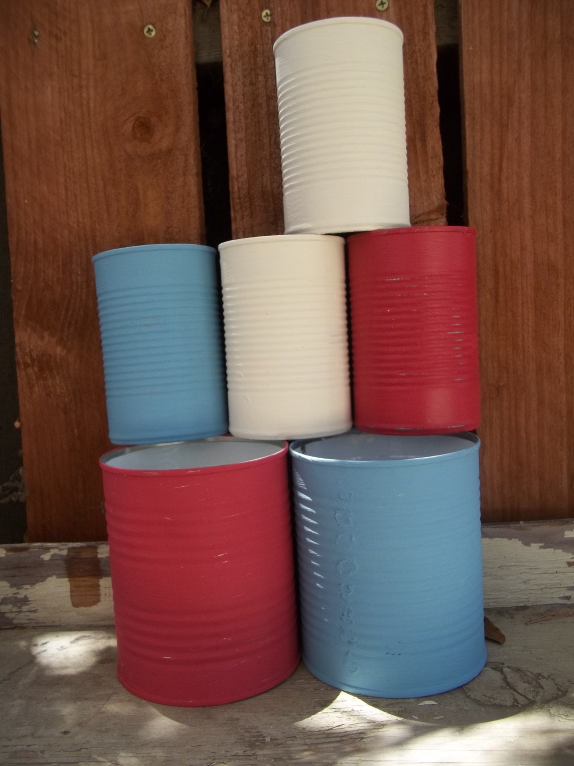 Painted Tin Cans Upcycled Repurposed Salvage Americana Red