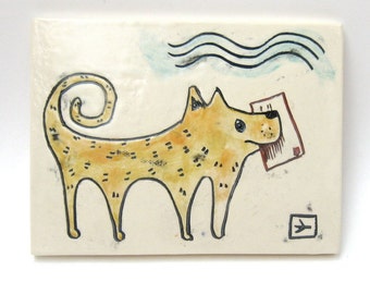dog with a job hand carved ceramic art tile