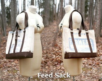NEW FABRIC CHOICES! Large Upcycled / Recycled Material & Leather Tote. Canvas interior. Design: Caffe Americano
