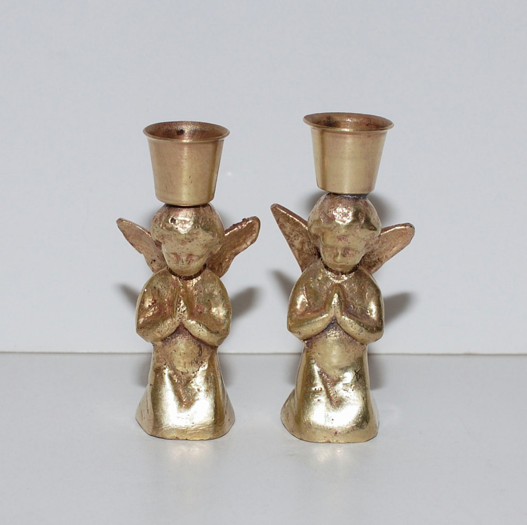 Antique Cast Brass Angel Candle Holders Pair